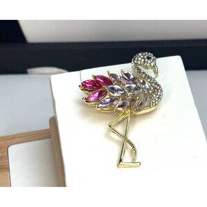 Vintage Gold-Tone Flamingo Brooch With Multicolor Gemstones